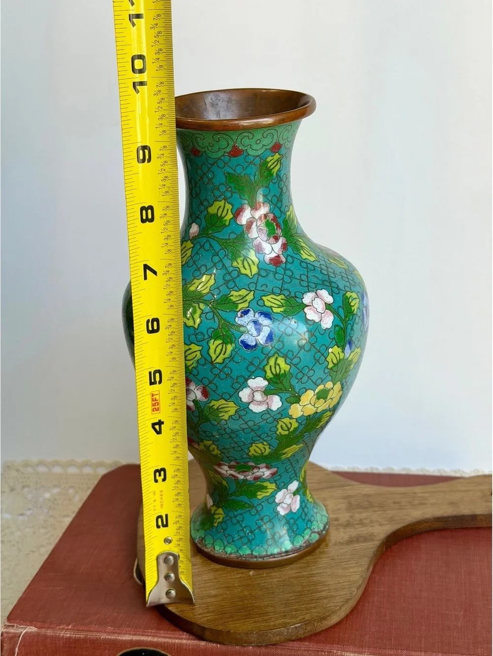 Vintage Chinese Cloisonne Enamel Vase Turquoise Floral Brass 10